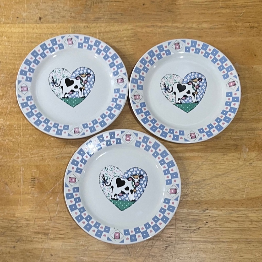 Vtg Tabletops Unlimited Cow Heart Checkered Salad Plates Set of 3 Farmhouse 8"